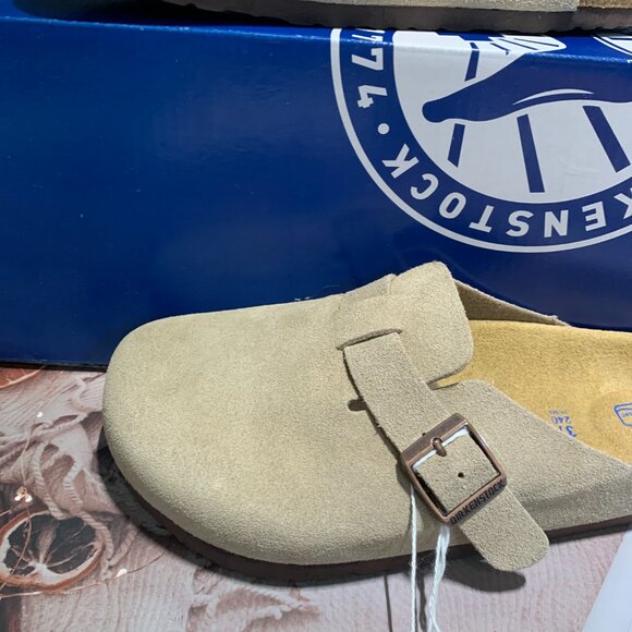 Birkenstock Boston Classic Taupe Suede Leather Unisex Soft Clog Shoes - Picture 2 of 5